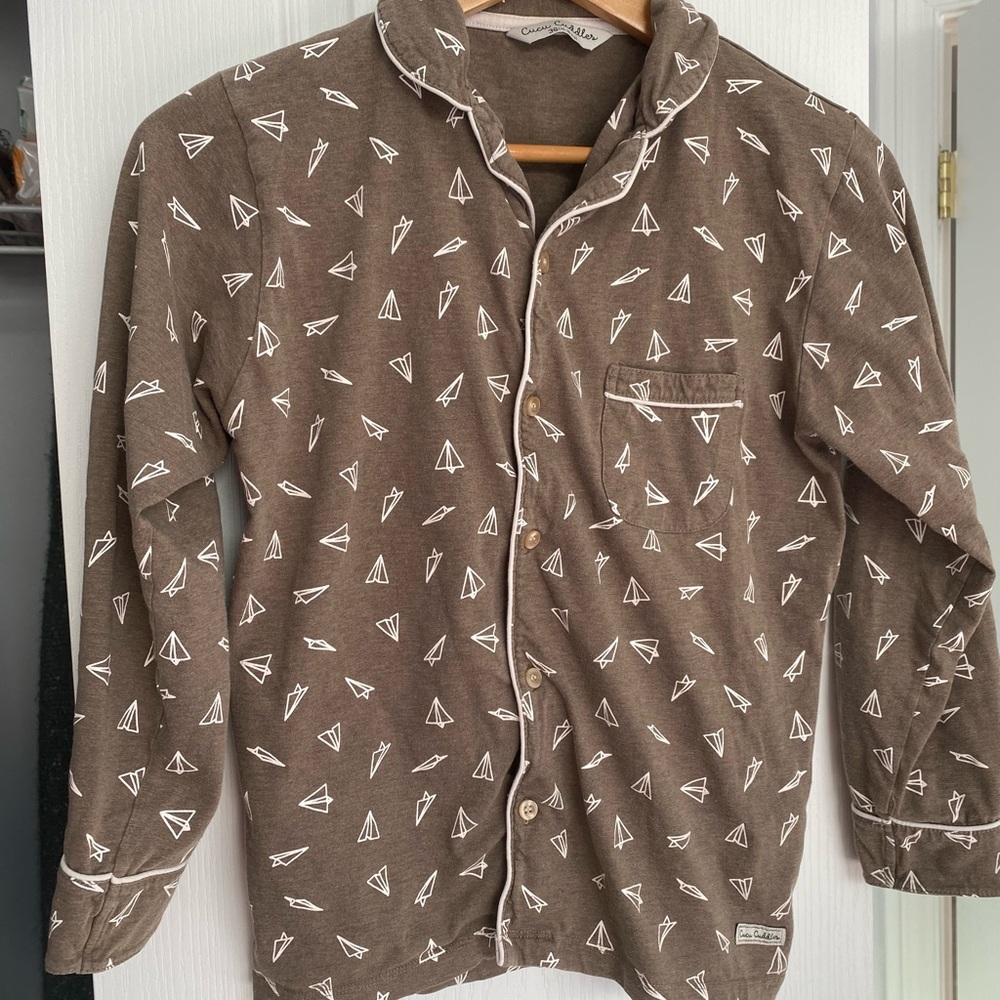 Brown Pajama Top with White Paper Airplane Print